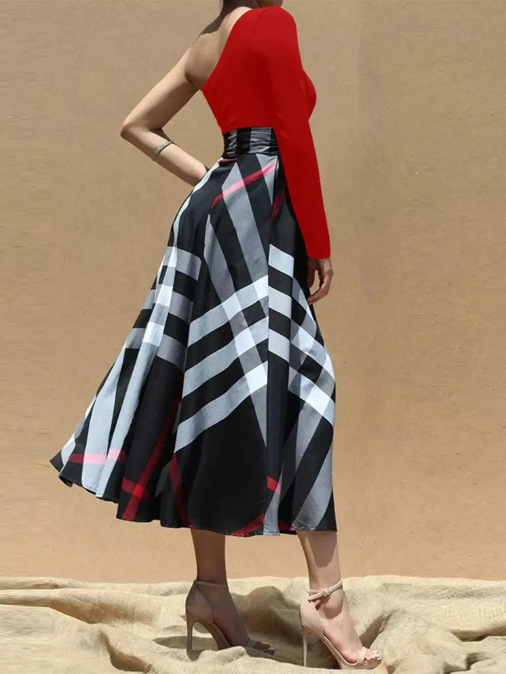 Asymmetrical One-Sleeve Midi Dress with Waist Tie