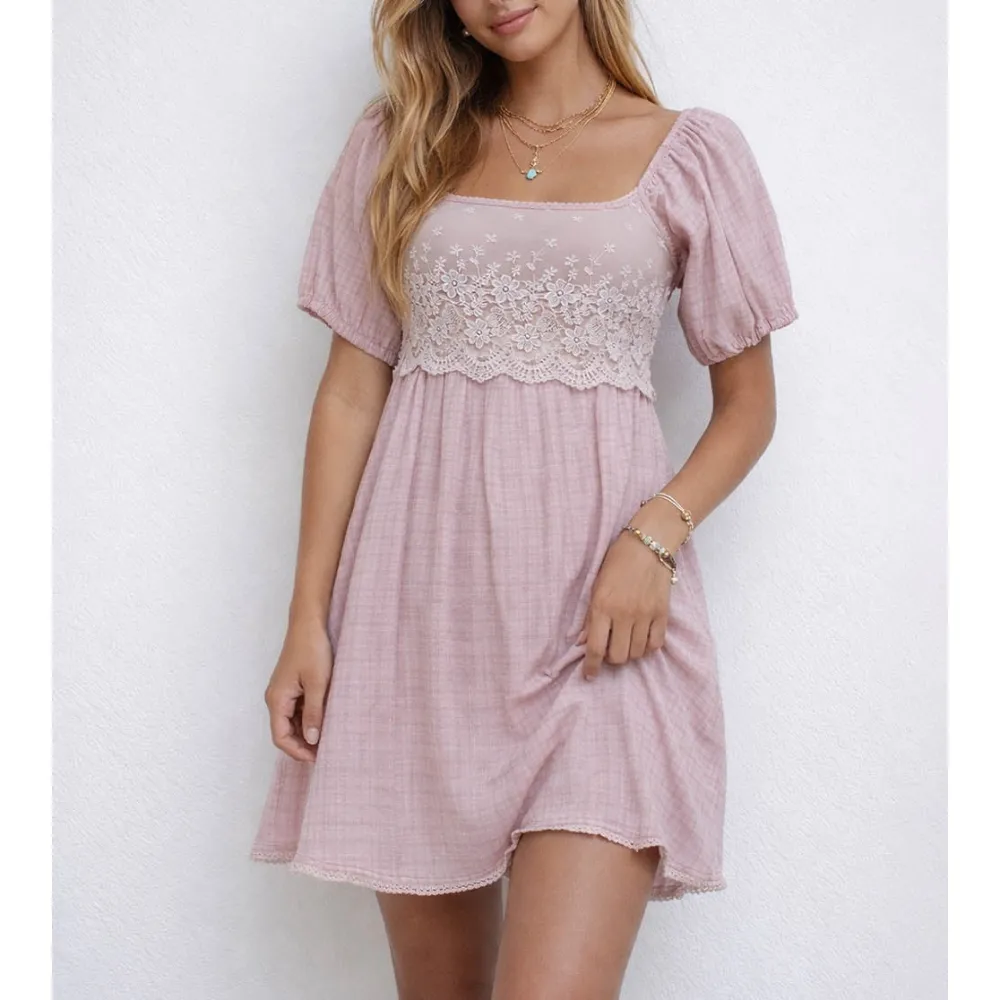 Boho Embroidery Square Neck Puff Sleeves Mini Dress