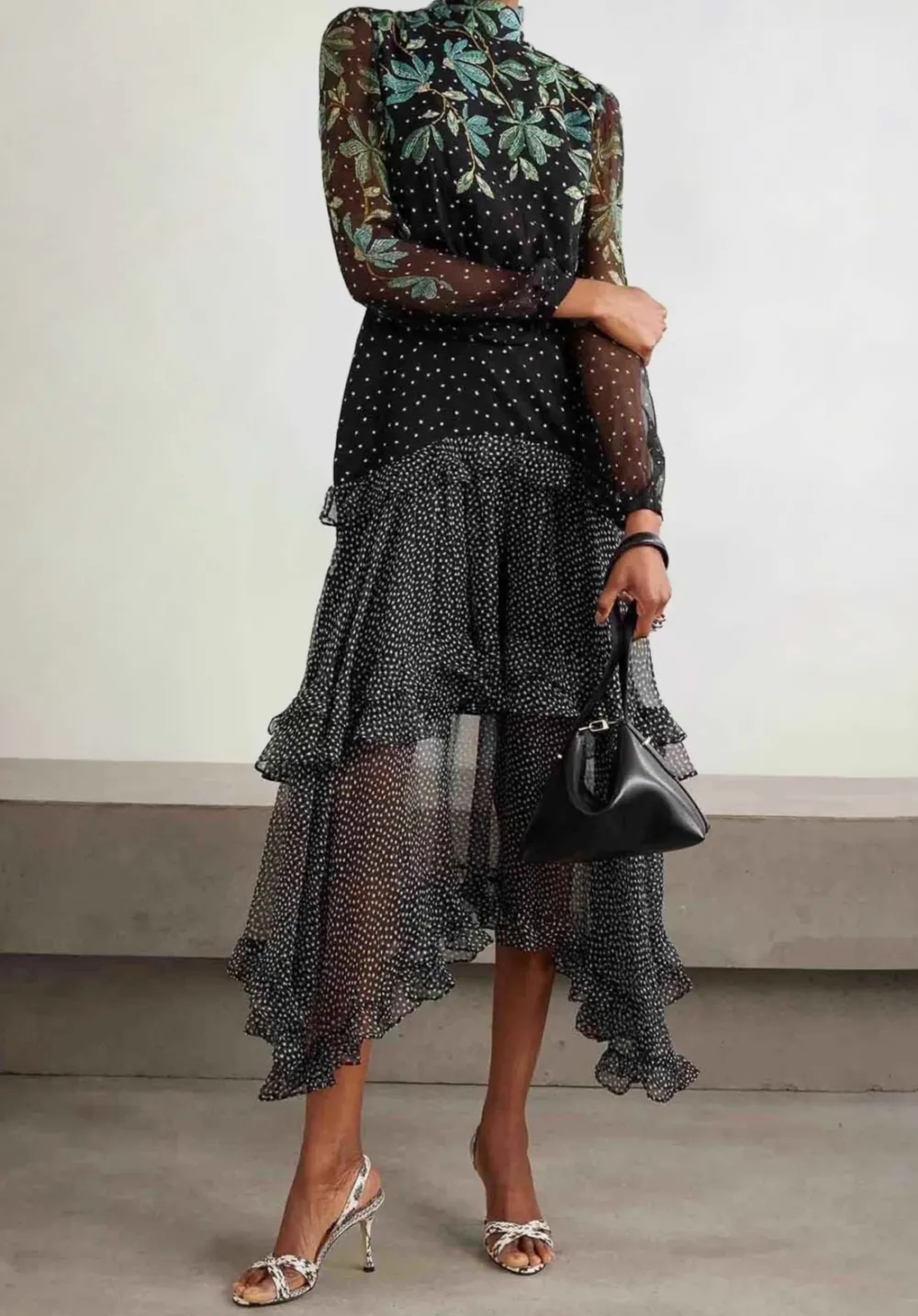 Polka Dot Floral Print Ruffled Midi Dress