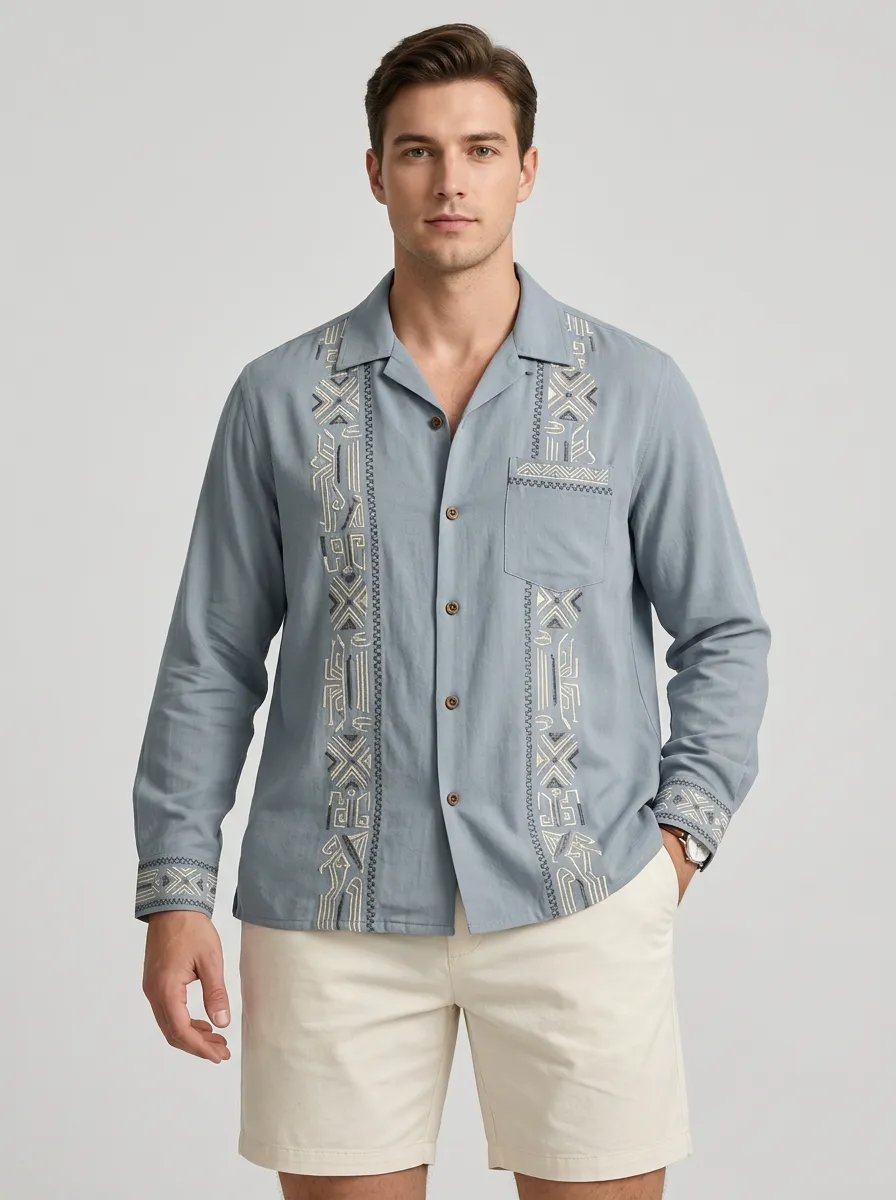 Men's Boho Inspired Geometric Tribal Embroidered Long Sleeve Shirt
