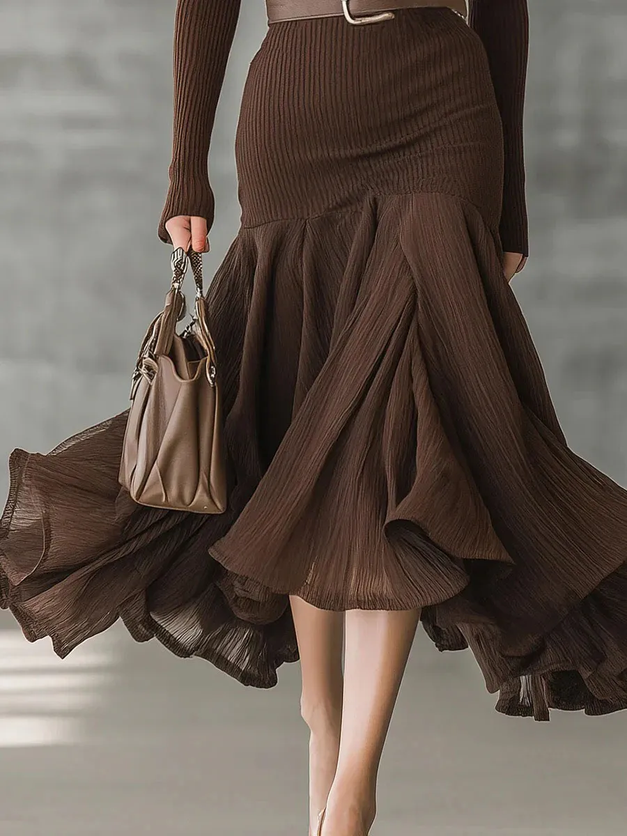 Casual V Neck Irregular Ruffle Midi Dress