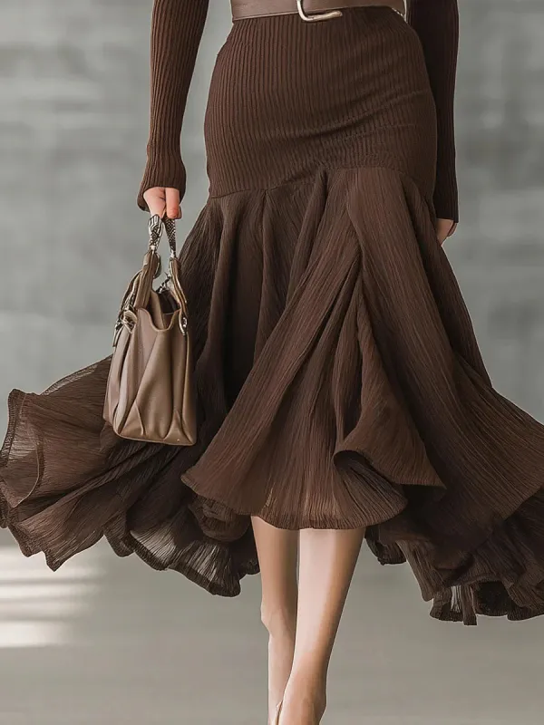Casual V Neck Irregular Ruffle Midi Dress