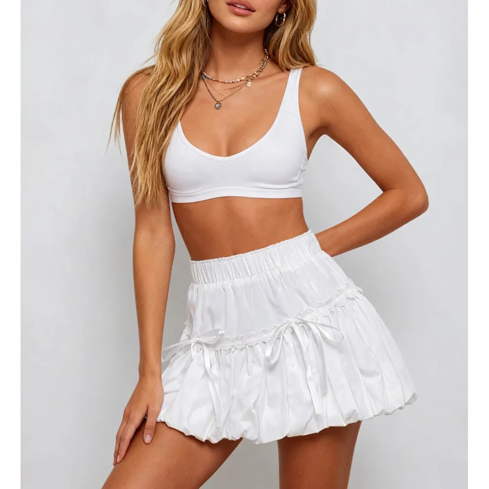 Puffer Lace Panel Elastic Waist Mini Skirt