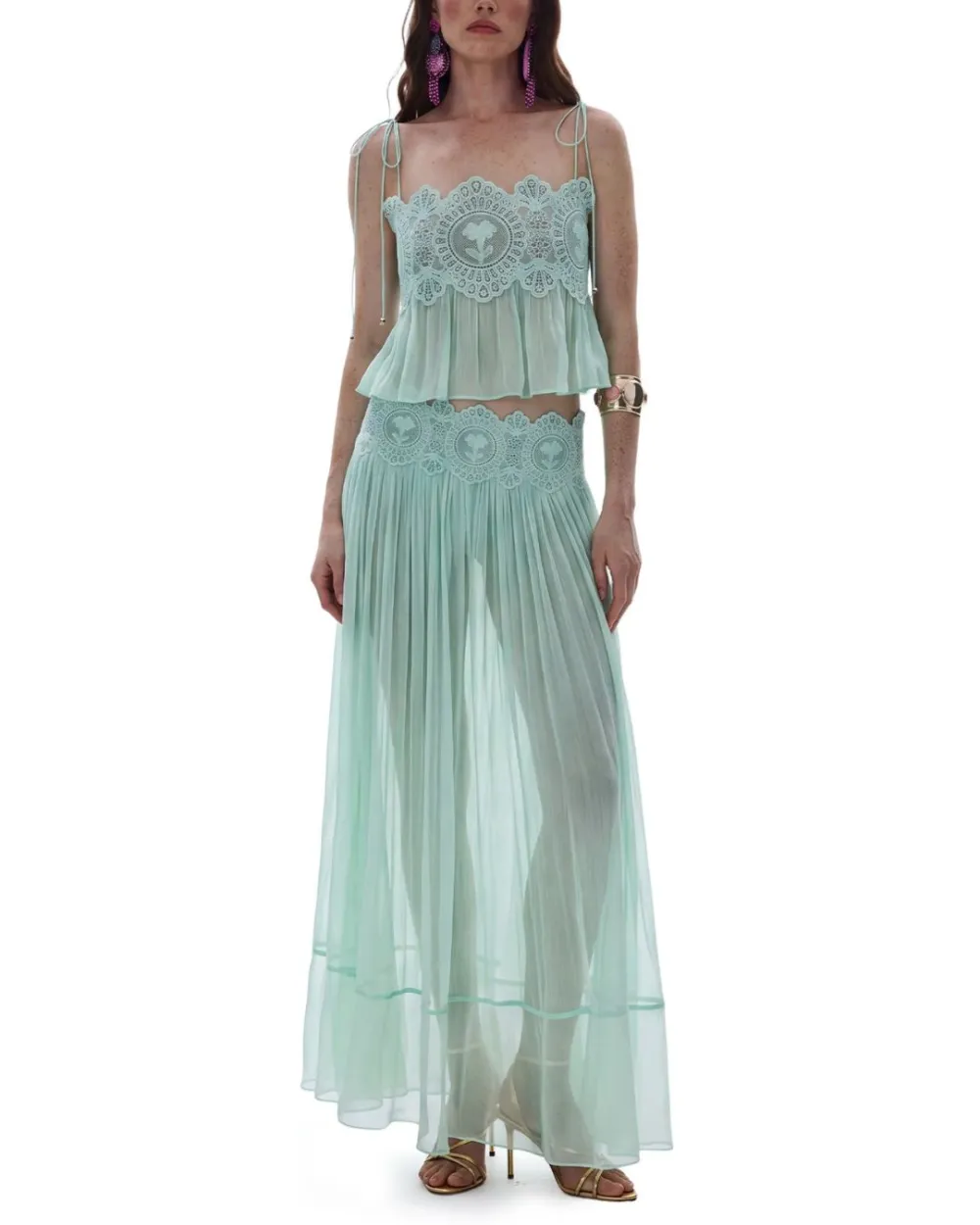 Slim Fit Ruffle Trim Open-Back Chiffon Set