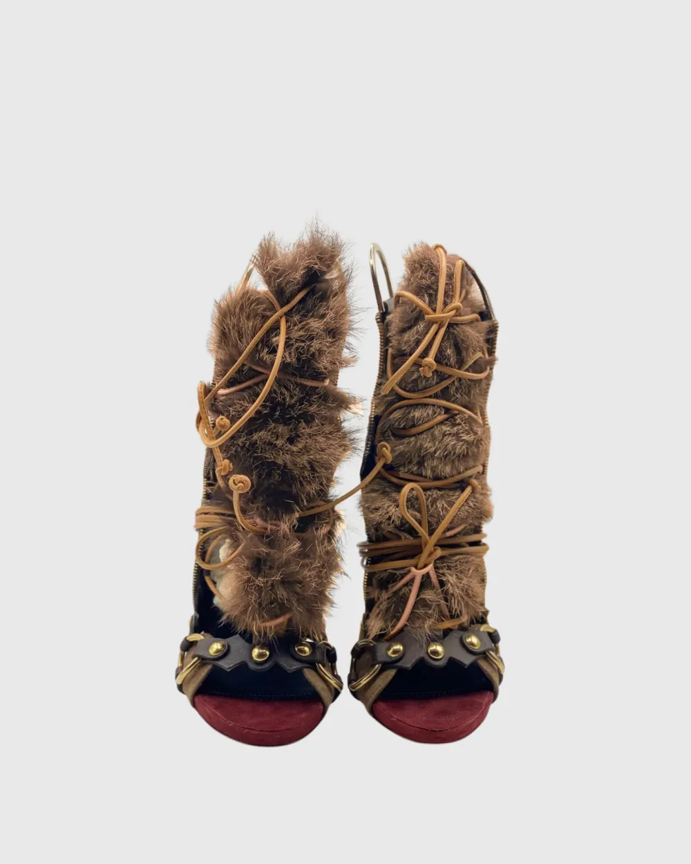 Faux Fur Lace Up Suede Sandals in Brown
