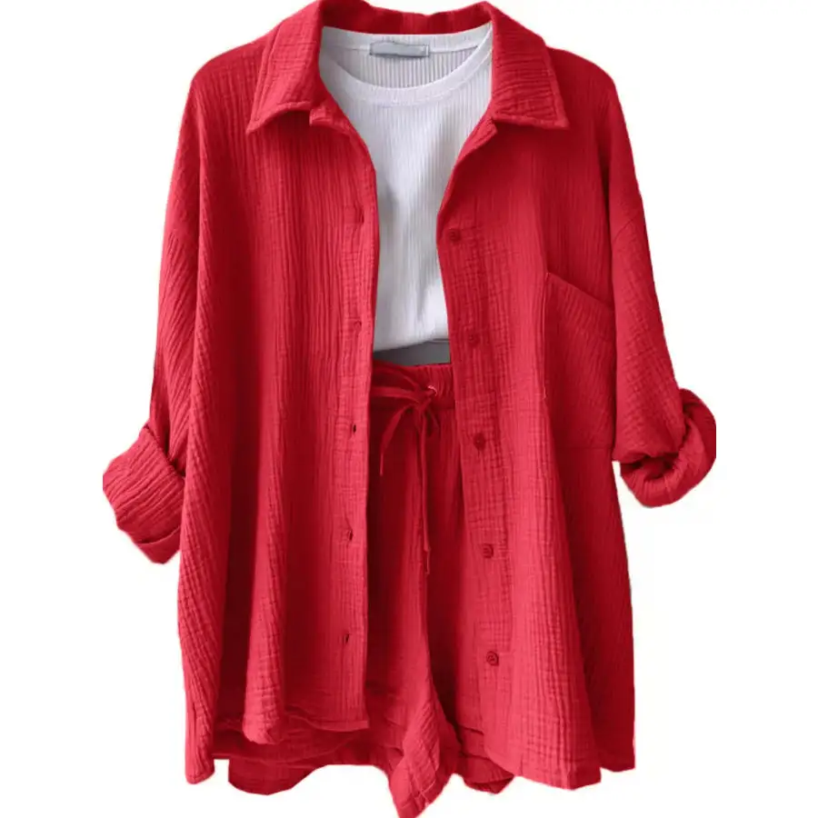 Textured Button Up Shirt and Shorts Set