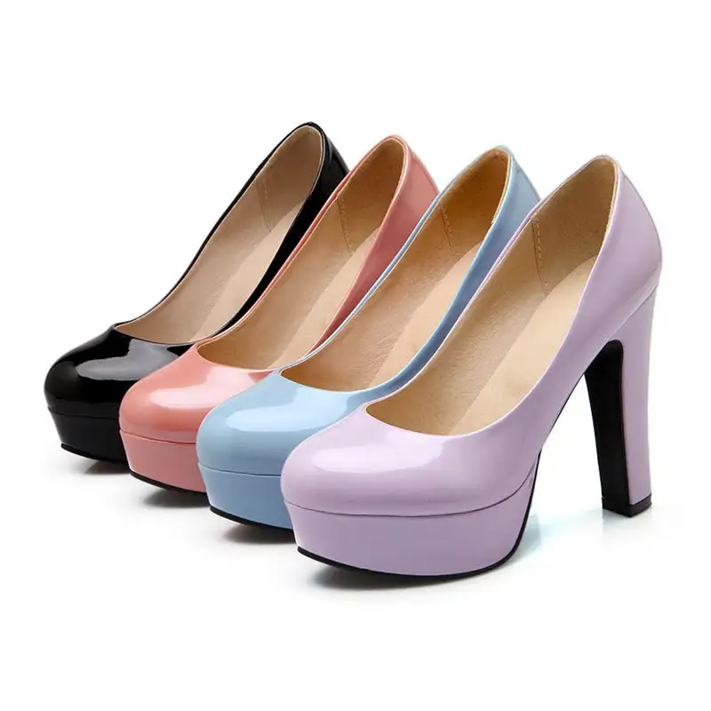 Polished Patent Finish Round Toe Platform Chunky Heel Pumps