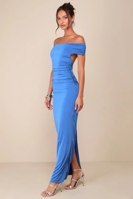 Brilliant Elegance Teal Off-the-Shoulder Backless Maxi Dress