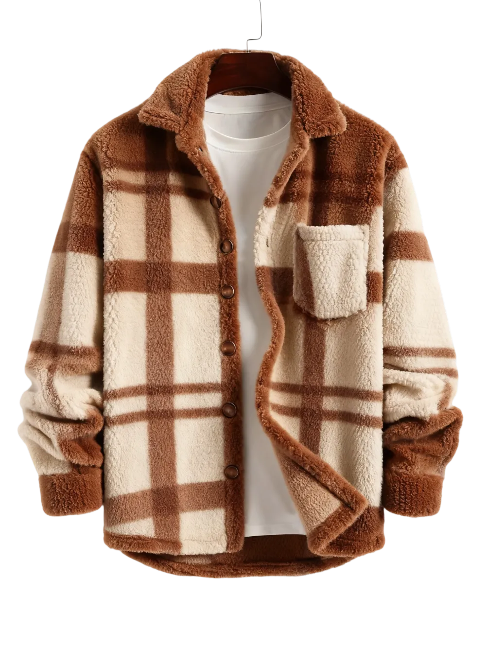 Men's Plaid Print Button Front Fleece Winter Jacket, Casual Comfortable Warmth Regular Fit Long Sleeve Pockets Warm Fleece Material Outerwear for Fall & Winter, Mens Clothing, Men's Clothes for Daily Wear