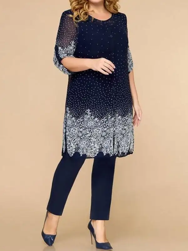 Three-Piece Suit Of Round Neck Vest Printed Long-Sleeved Top Coat And Trousers