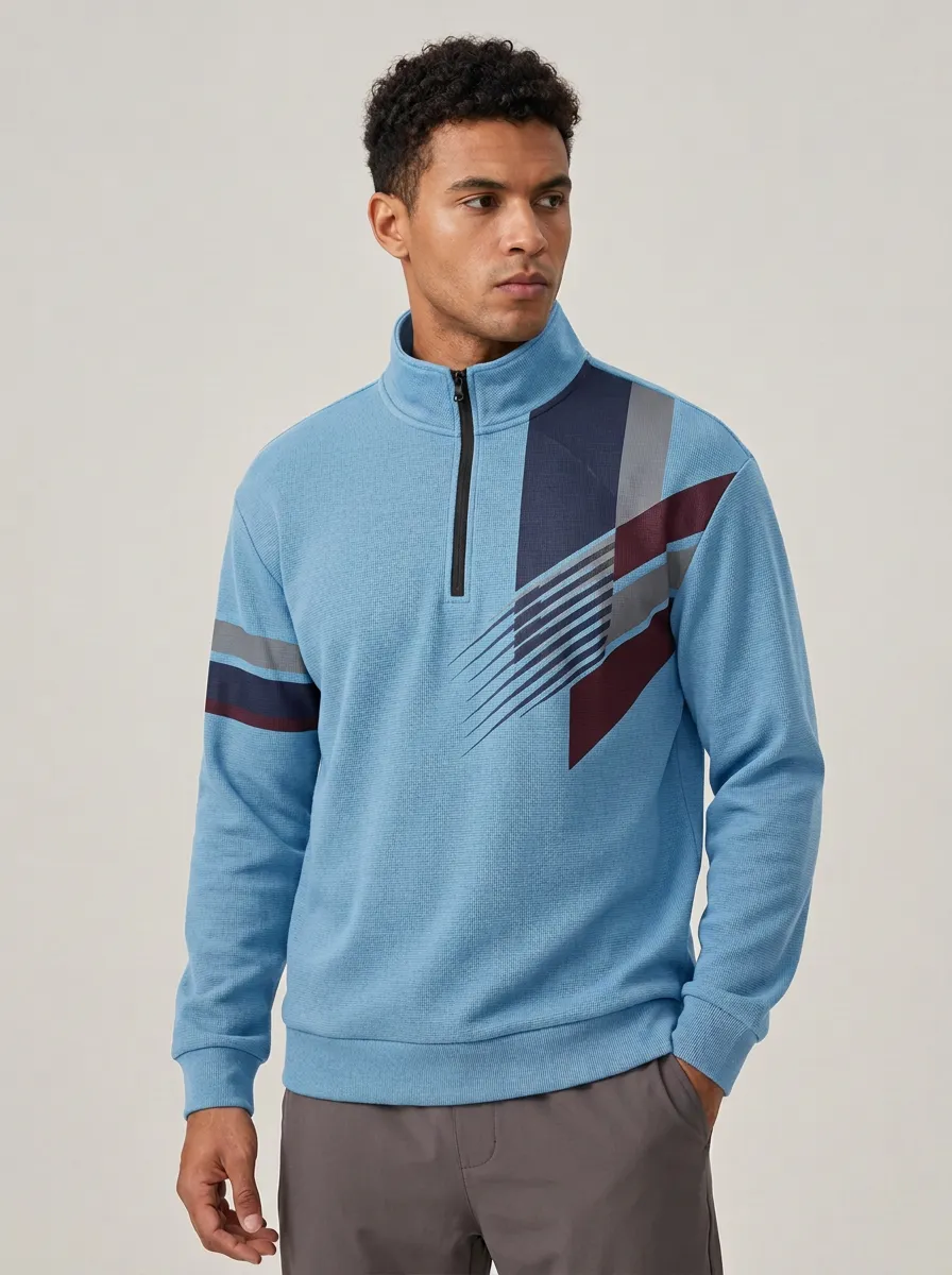 Men's Geometric Stripe Pattern Printed Quarter Zip Sweatshirt