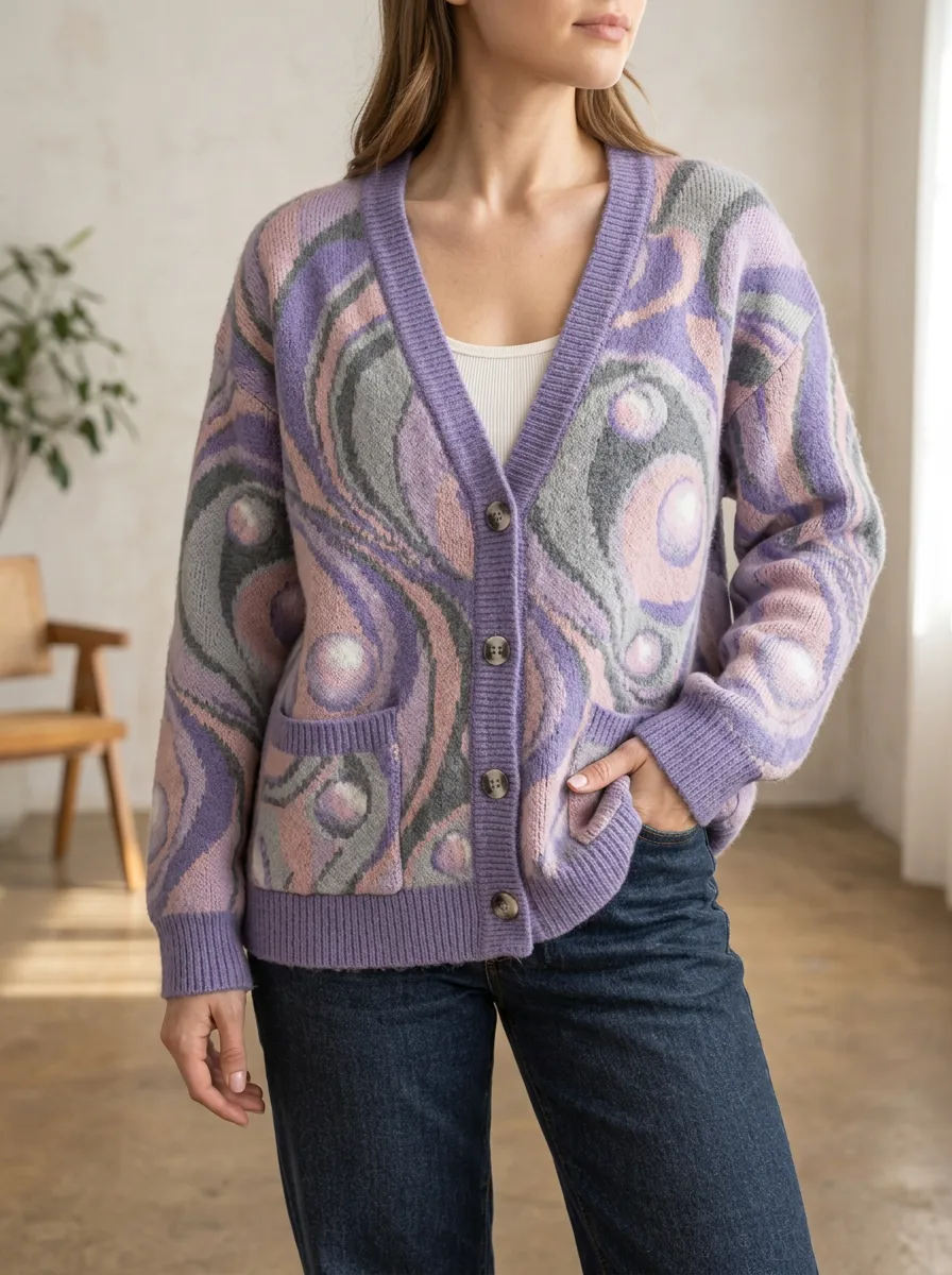 Women's Abstract Swirl Pattern Printed Patch Pocket Travel Layering Cardigan