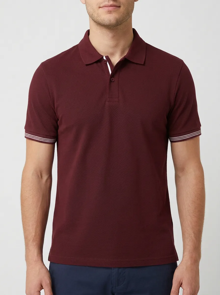 Men's Ribbed Textured Striped Contrast-Placket Tipped-Sleeve Contrast-Trim Polo Shirt