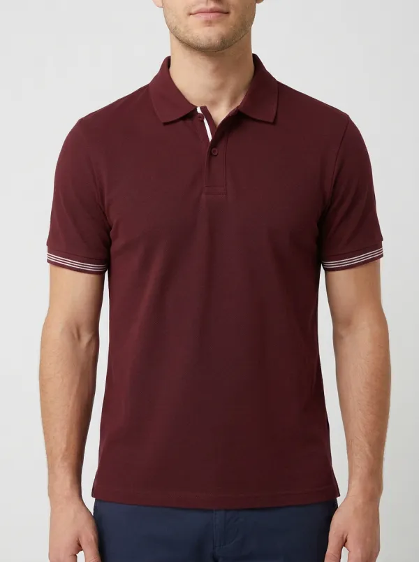 Men's Ribbed Textured Striped Contrast-Placket Tipped-Sleeve Contrast-Trim Polo Shirt