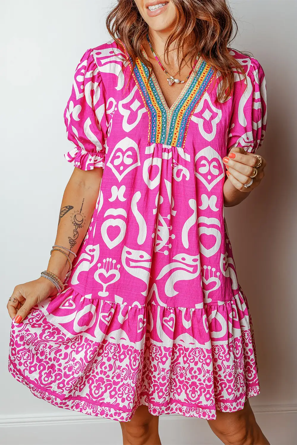 Wearable Cut Printed V Neck Short Sleeve Dress
