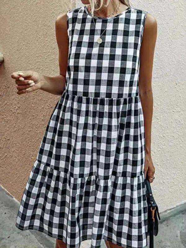 Relaxed Sleeveless Hollow Plaid Pleated Split Joint Round Neck Mini Dress