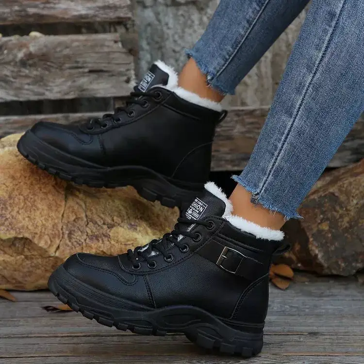 Warm Lined Ankle Boots with Buckle Detail