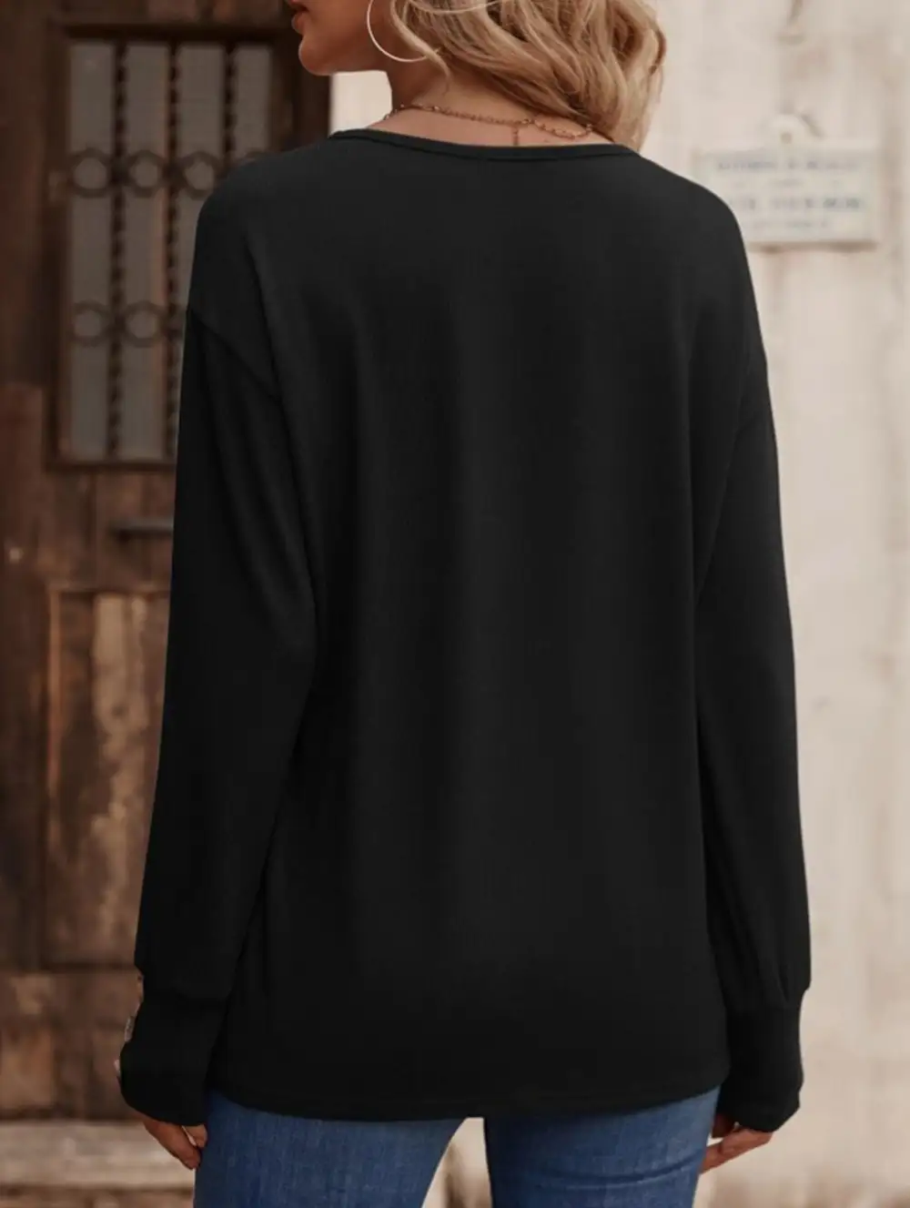 V Neck Button Loose Long Sleeve Tee