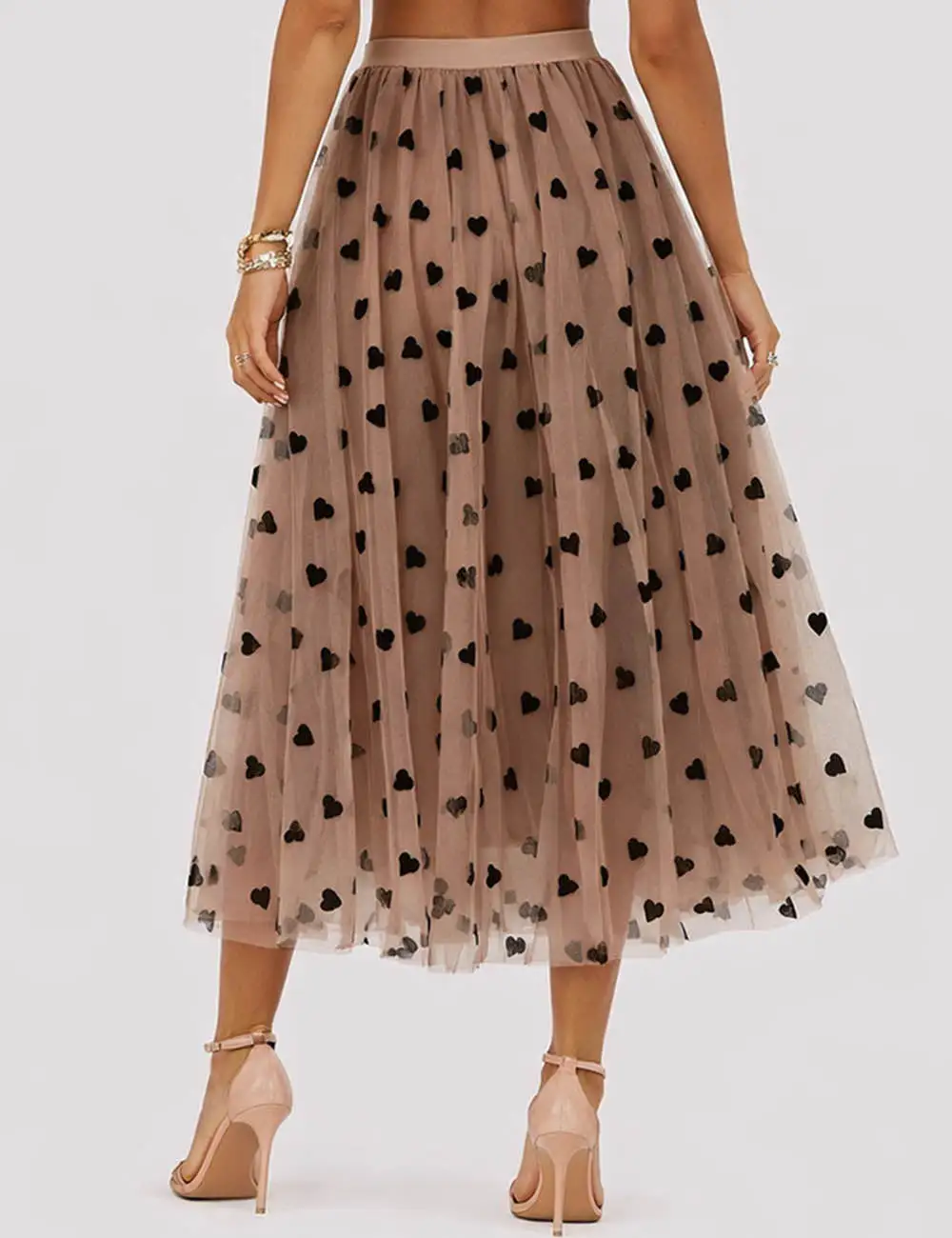 Romantic Heart Elastic Waist Mesh Midi Skirt