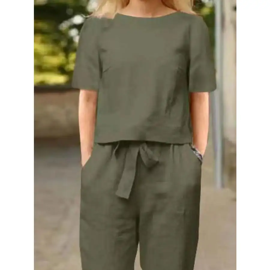 Relaxed Round Neck Short Sleeve Top and Pants Set