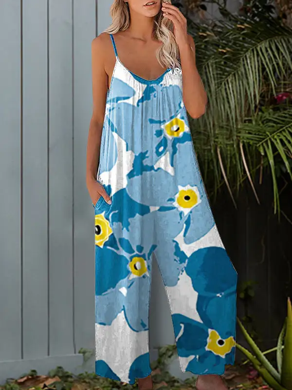 Jumpsuits Met Hoge Taille Losse Bloemenprint Geplooide Zakken Collection