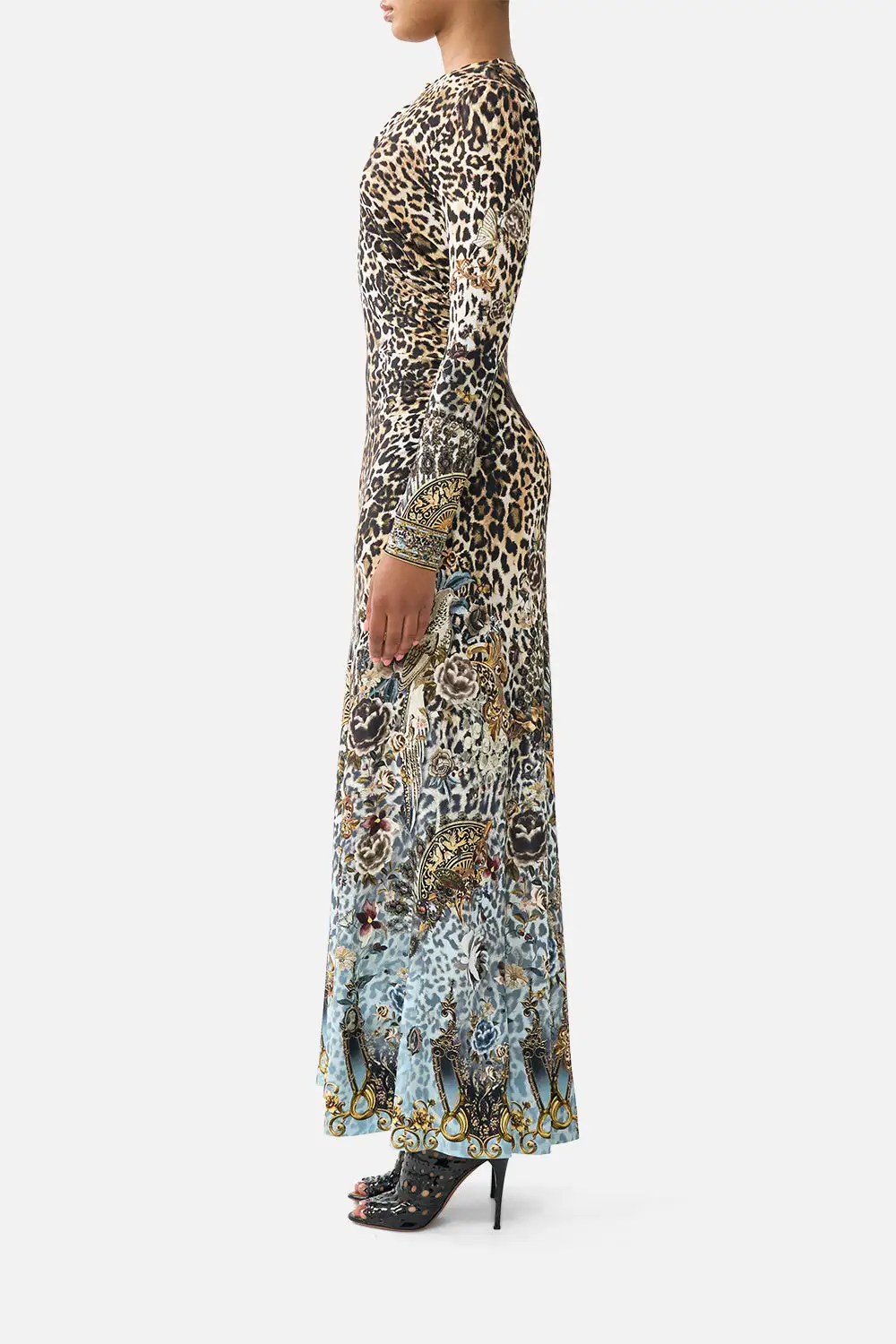 Printed Gathered Jersey Long Dress