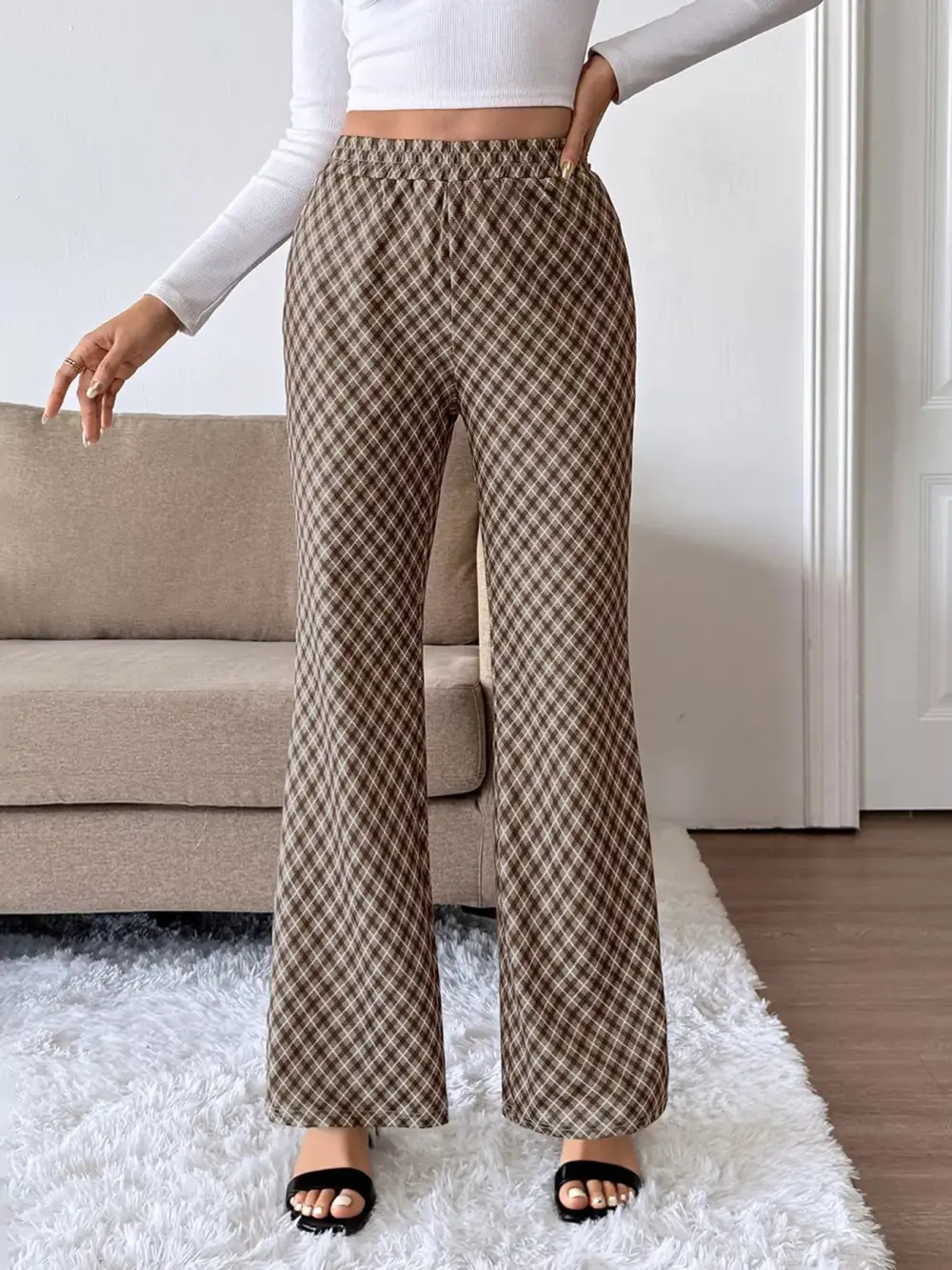 Relaxed Plaid High Waist Wide Leg Pants