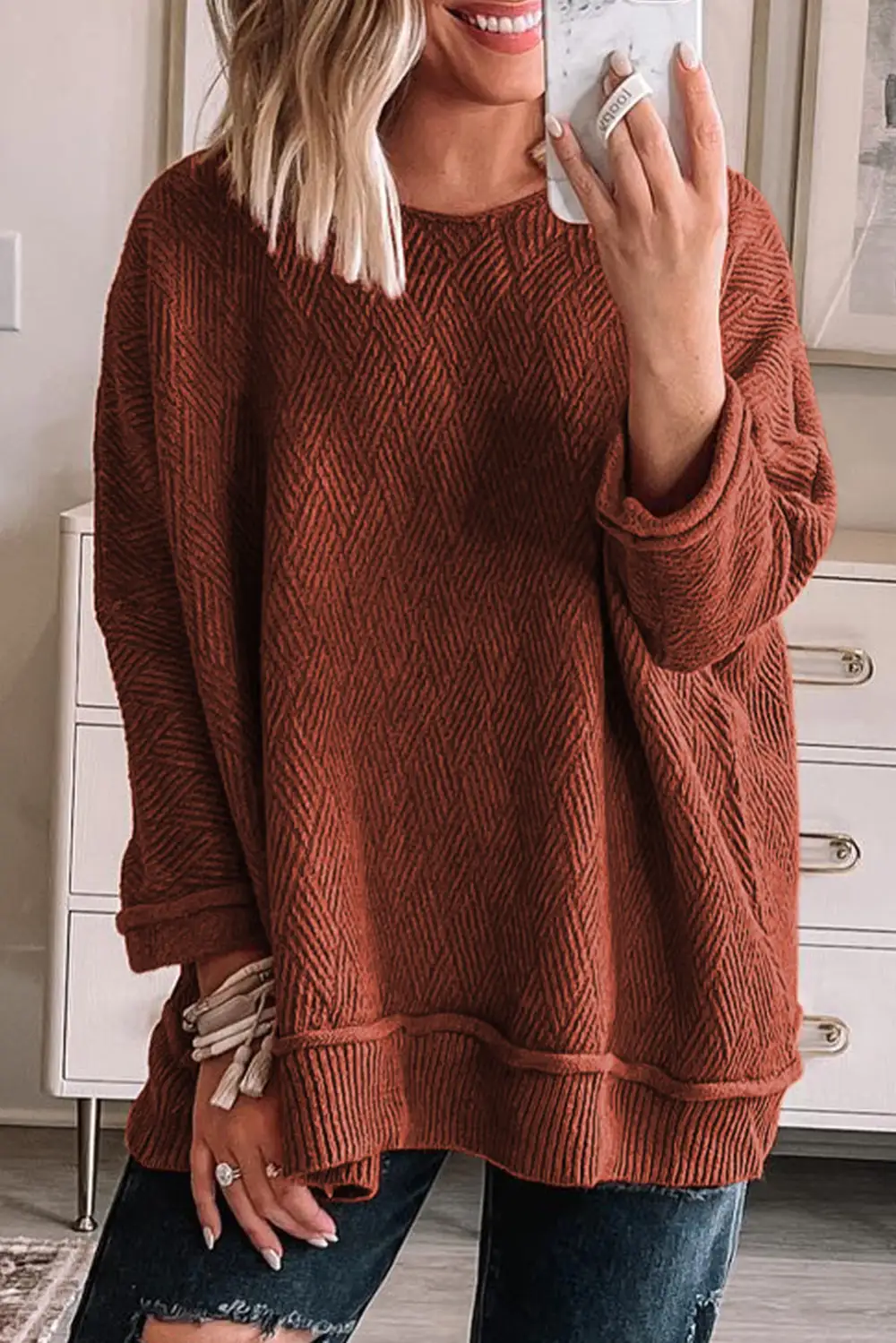 Solid Textured Crew Neck Loose Sweater
