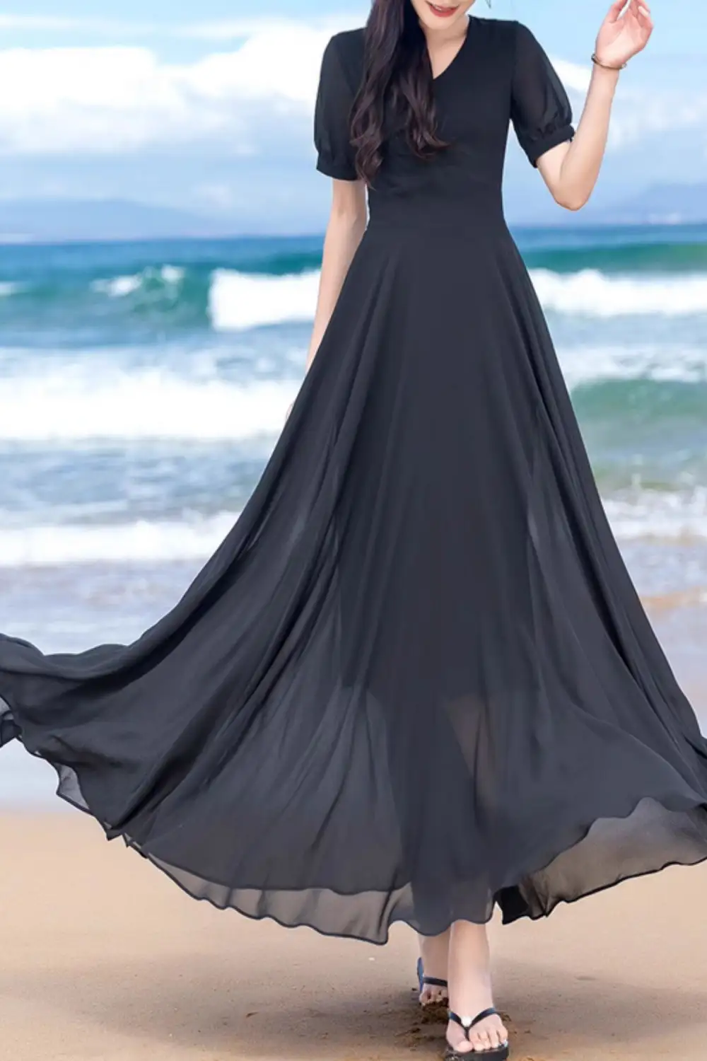 Refined Chiffon Fit And Flare V Neck Short Sleeve Maxi Dress
