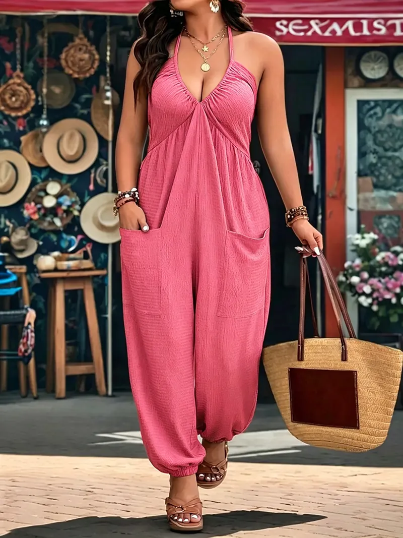 [Plus Size] Solid-Color Jumpsuit with Pockets