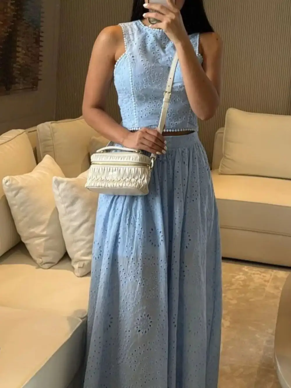 Eyelet Crop Top and Maxi Skirt Set