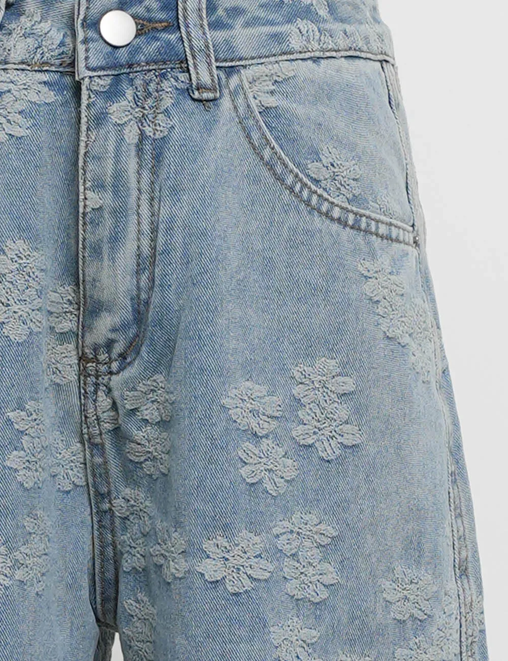 Floral Jacquard Button Pocket Wide Leg Denim Pants