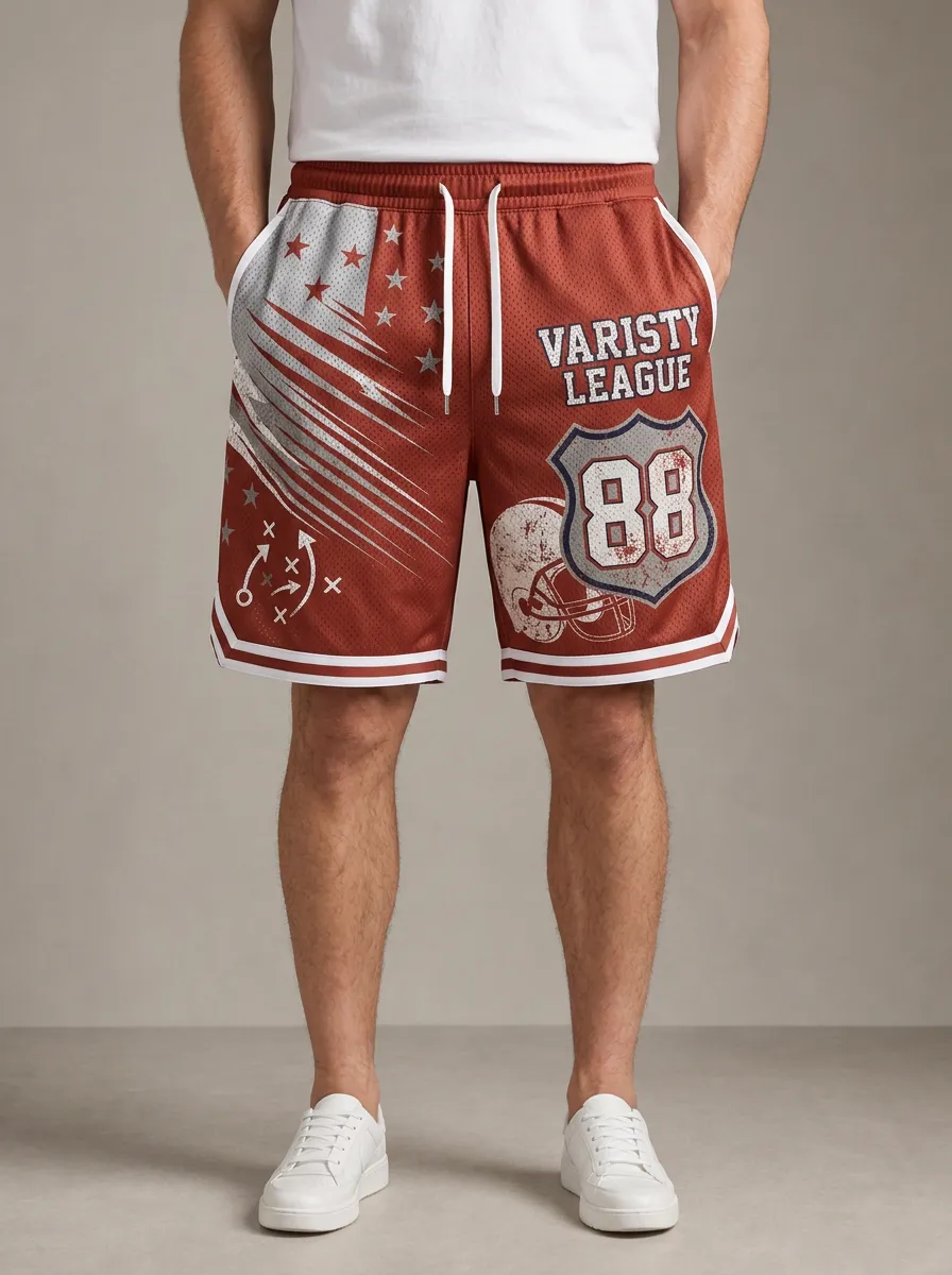 Men's American Football Varsity League 88 Helmet Printed Shorts