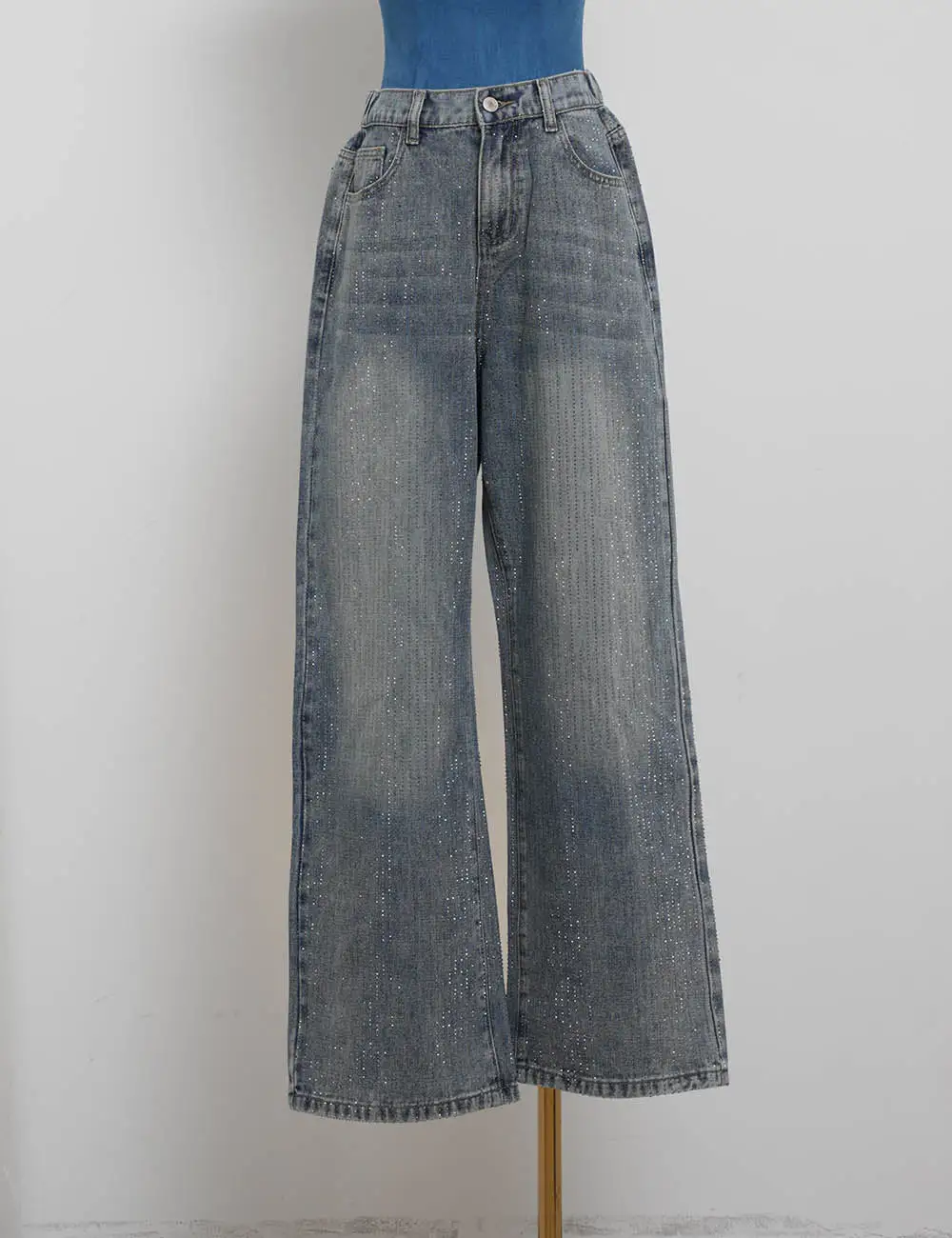 Allover Rhinestone Button-fly Wide Leg Denim Pants