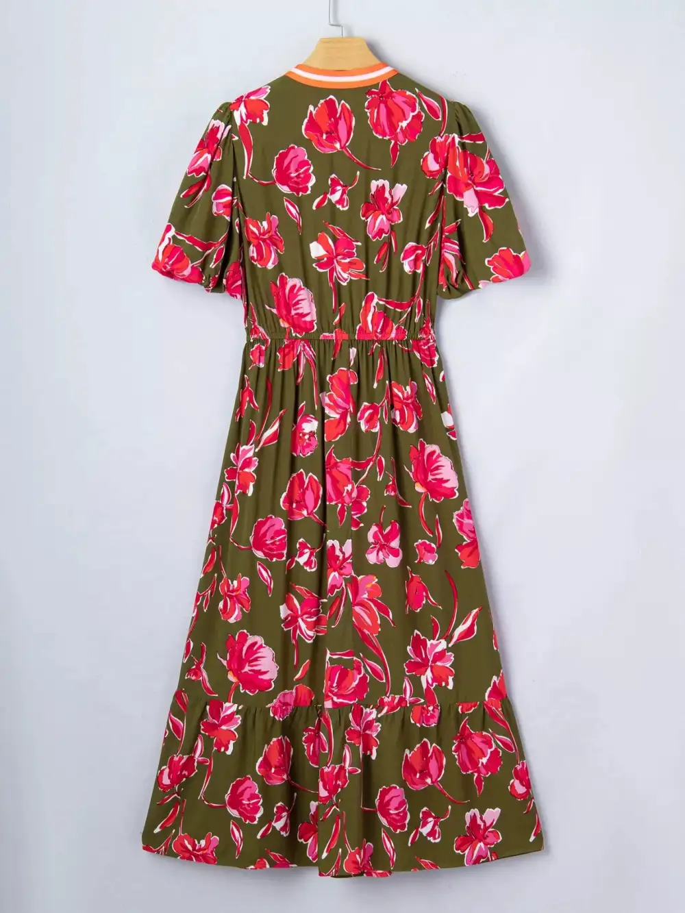 Gathered Detail Floral Printed Split Neck Dress