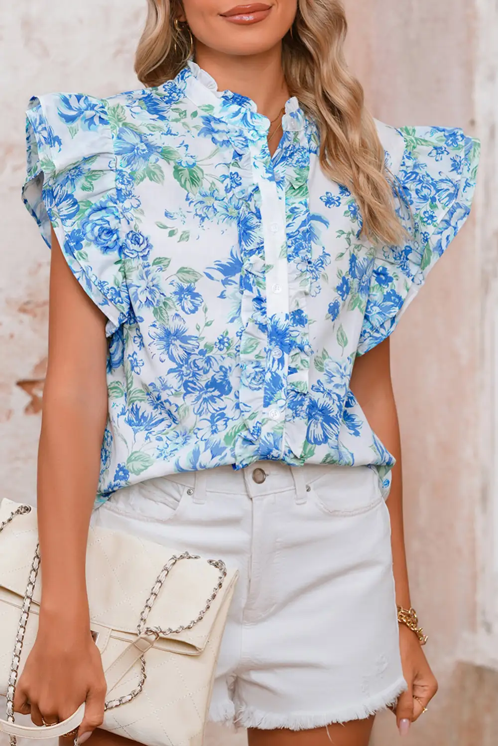 Relaxed Ruffle Trim Floral Blouse