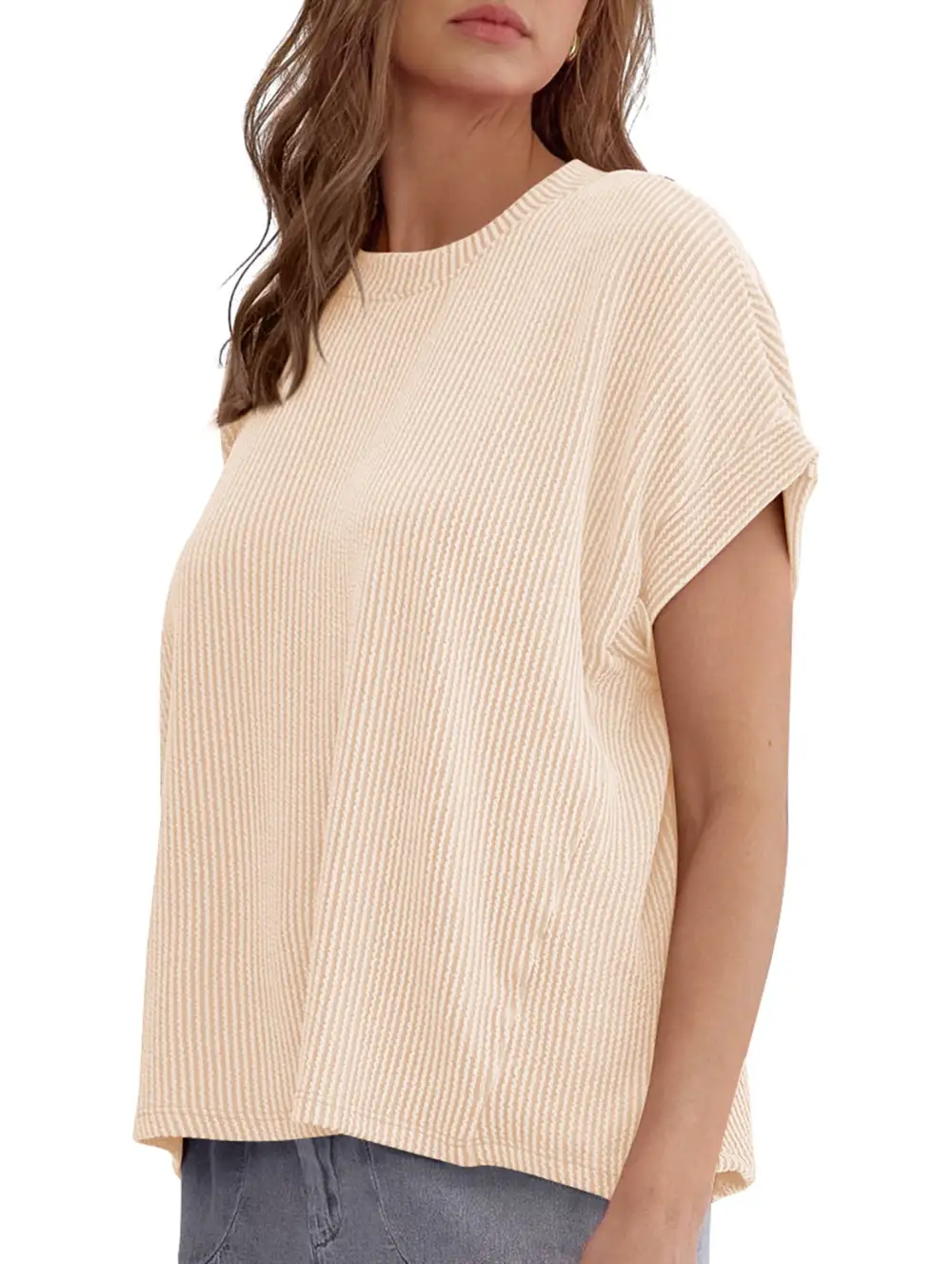 Ribbed Knit Crew Neck Tee
