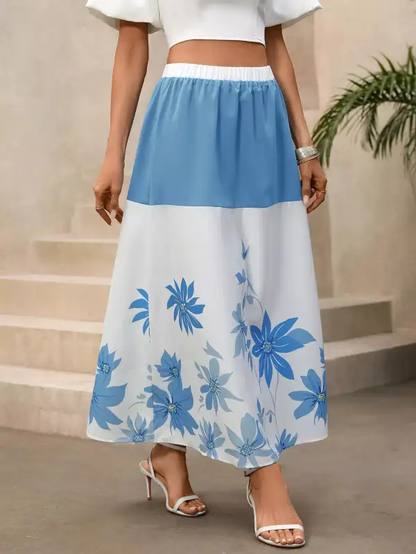 Print Color Block Skirt