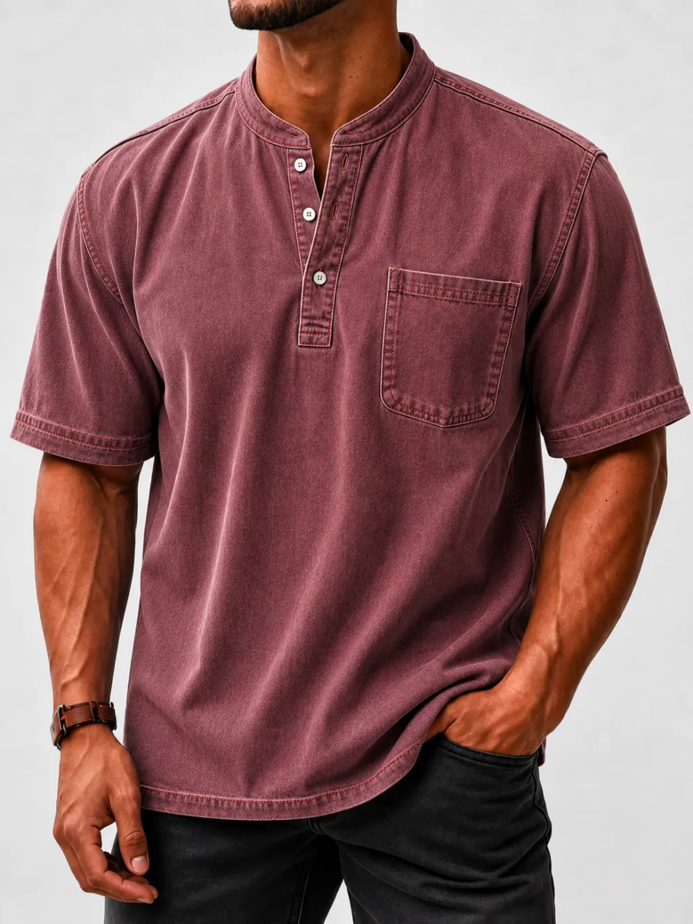 Men's Washed Stand Collar Henley Shirt