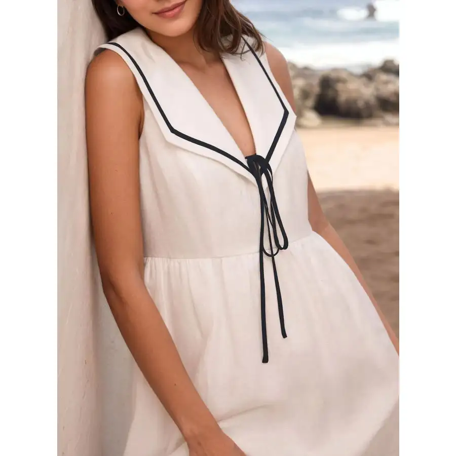 Nautical V-Neck Sleeveless Midi Dress with Contrast Trim