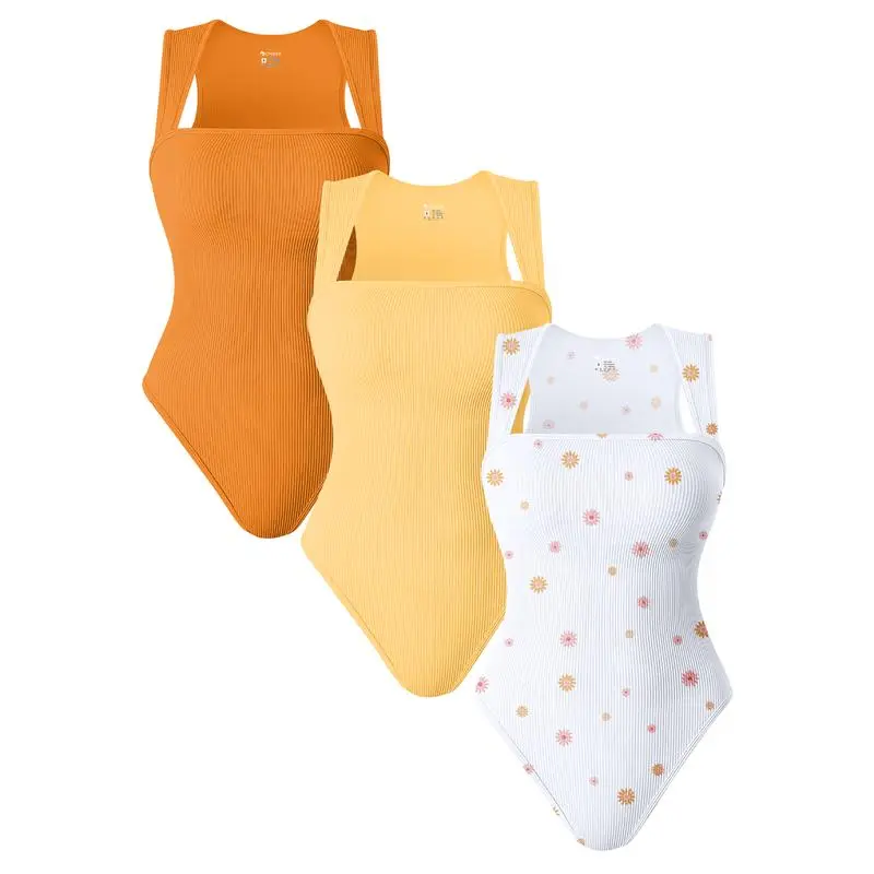 Womenswear 3 Piece Bodysuits Stretchy Underwear Sexy Ribbed Square Neck Sleeveless Stretchy Tank Tops Bodysuits Soft Lady