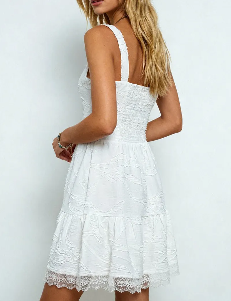 Romantic Lace Trim Square Neck Jacquard Mini Dress