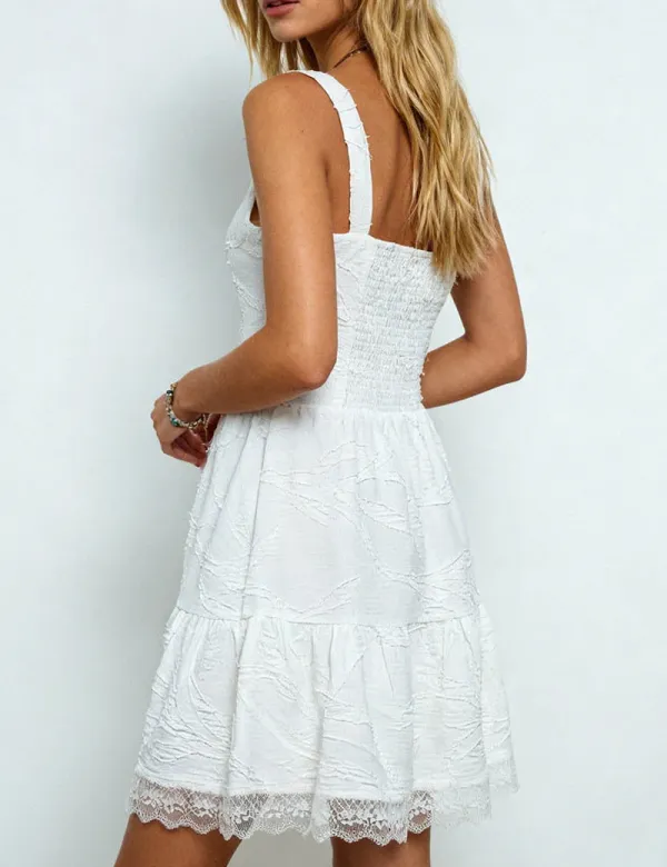 Romantic Lace Trim Square Neck Jacquard Mini Dress