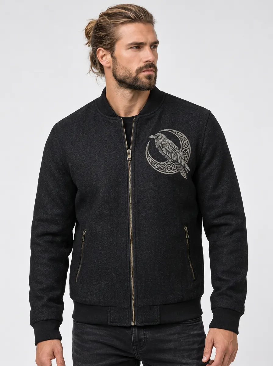 Men's Raven Embroidered Crescent-Moon Bomber Jacket