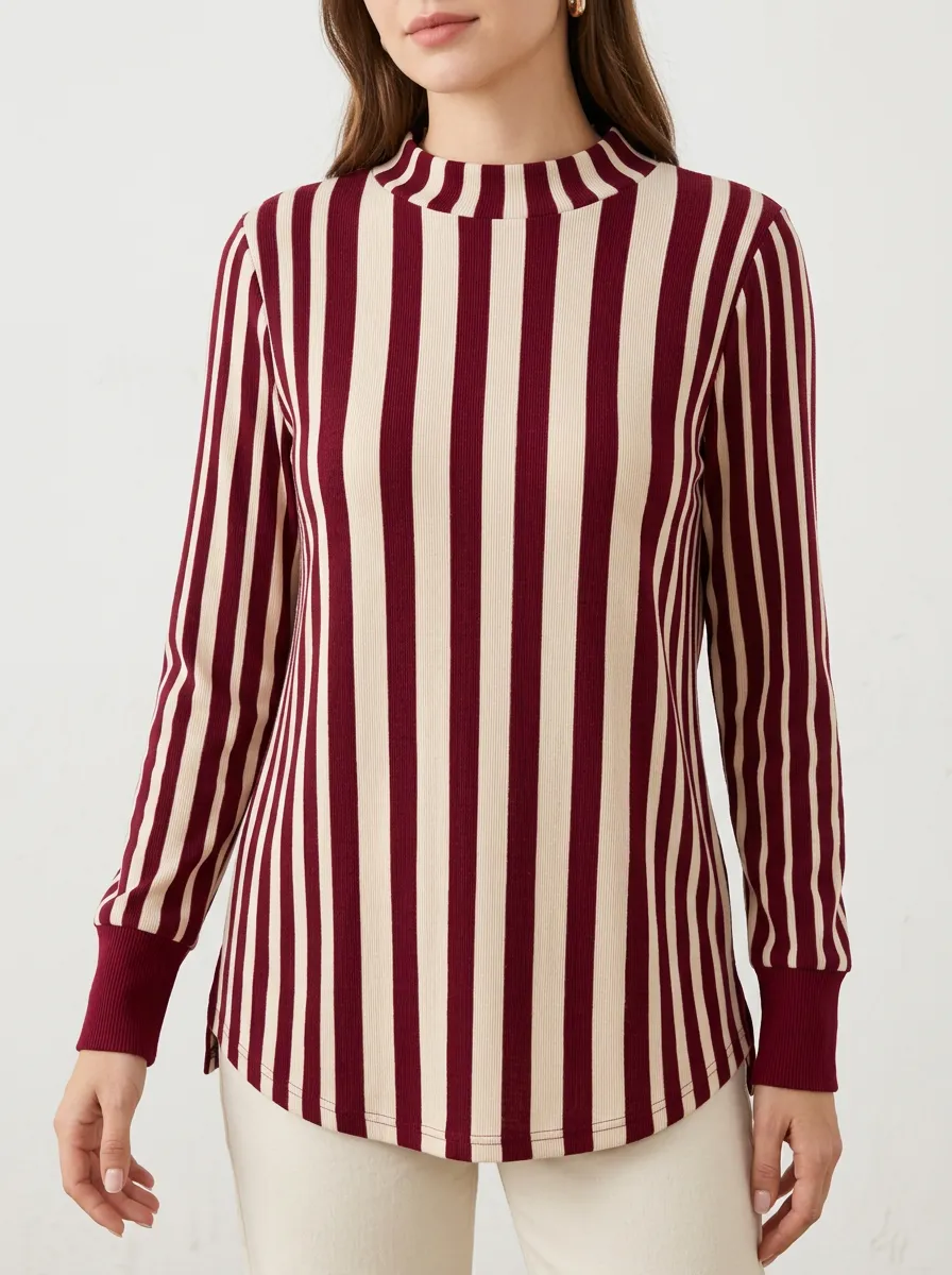 Vertical Stripe Printed Mock Neck Women's Effortless Top