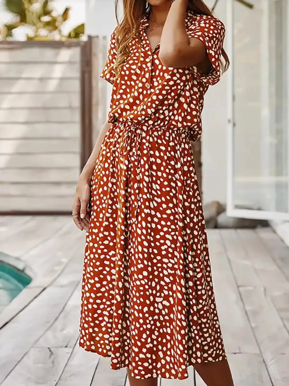 Polka Dot Button Front Midi Dress