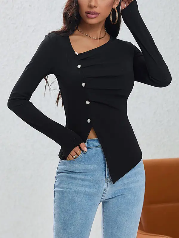 Long Sleeve Slim Fit Asymmetric Button Detail Pleat Detail Asymmetric Collar T-Shirt