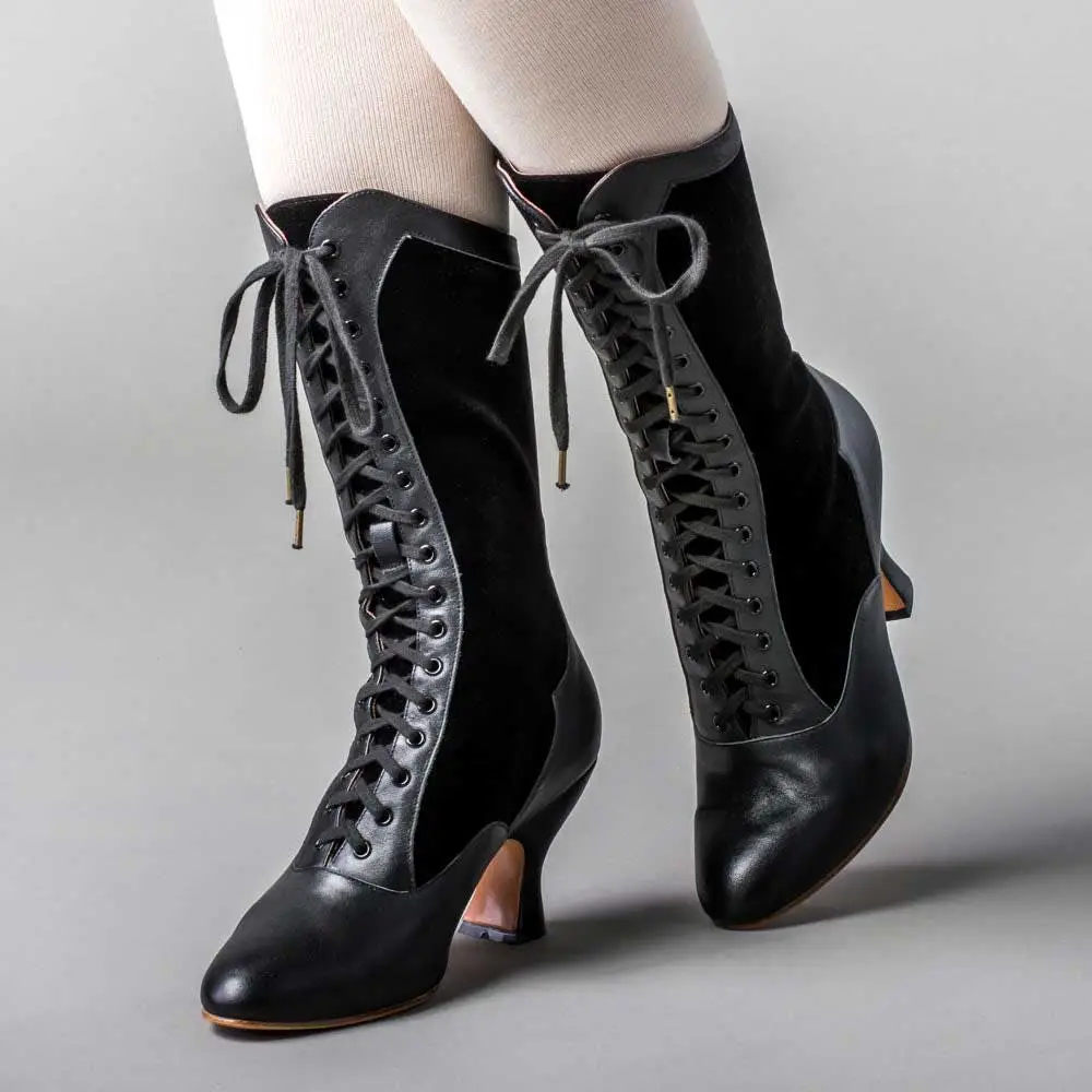 Faux-Leather Lace-Up Patchwork Spool-Heel Mid-Calf Boots