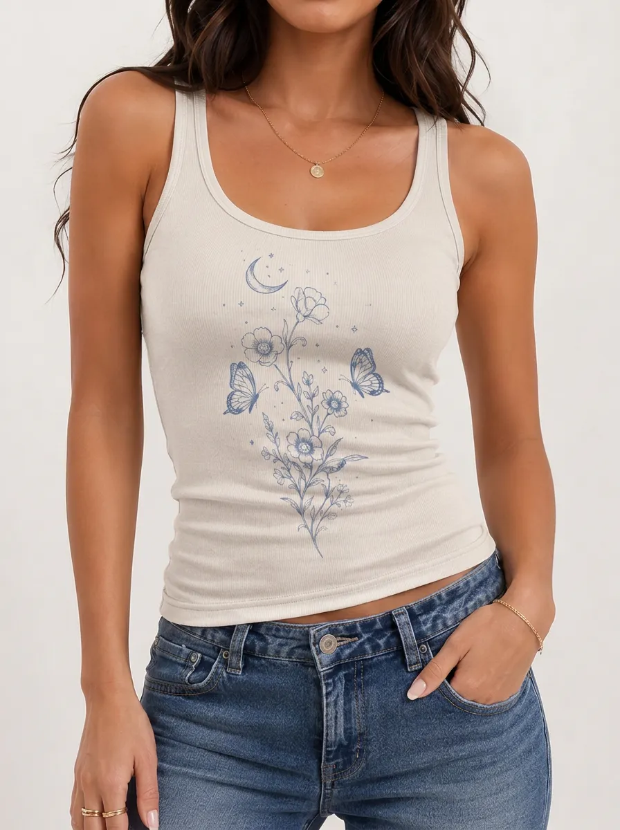 Women's Floral Butterfly Classic Scoop Ribbed Tank
