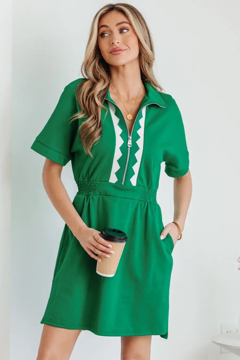 Patchwork Half Zip Front Mini Dress
